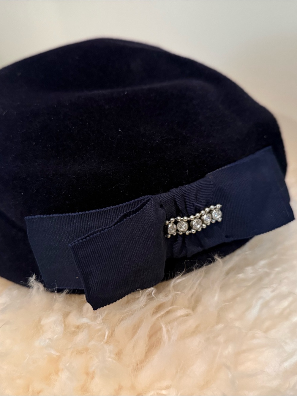 Navy Velvet Bow Beret with Rhinestone Detail